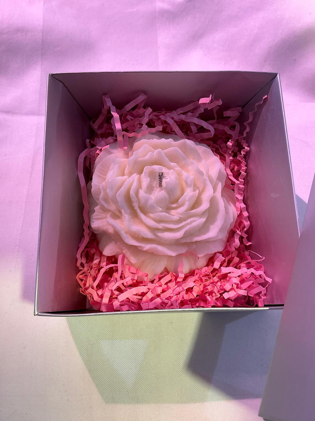 Vela rosa blanca en caja